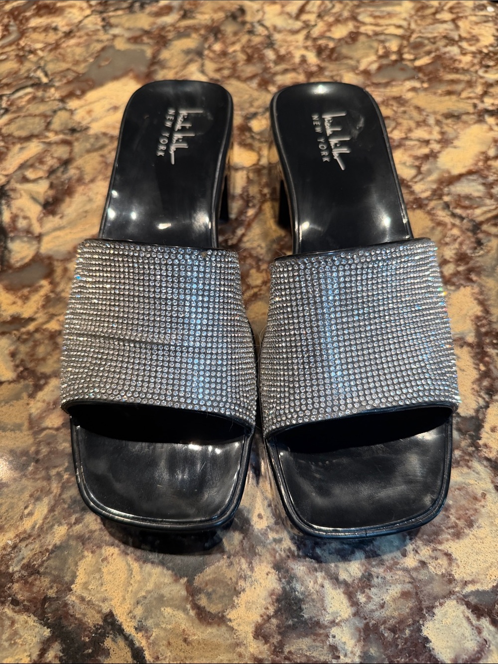 Nicole Miller Black Slide Mules with Silver Crystal Band